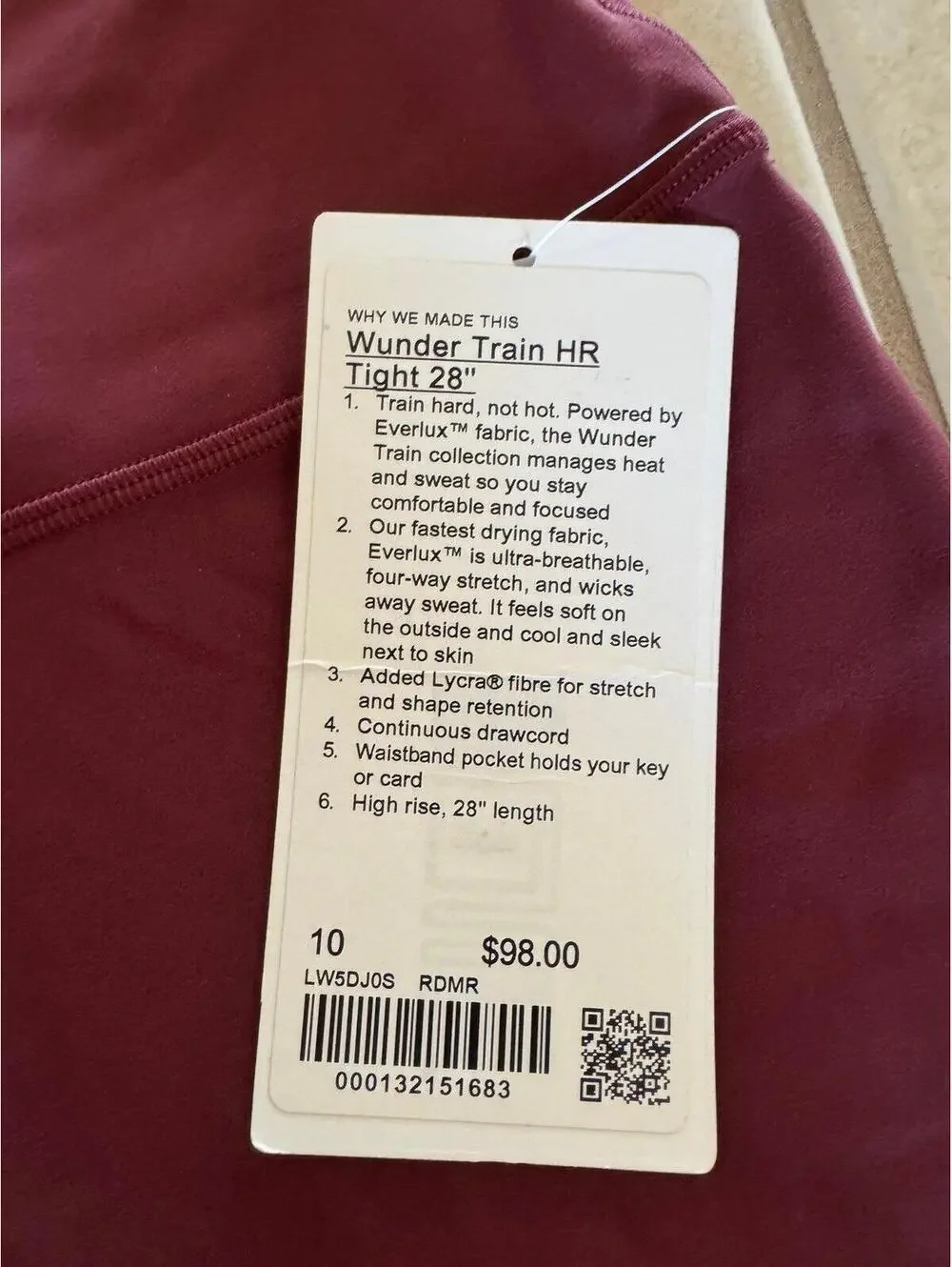 Lululemon Wunder Train High Rise 28” Red Merlot Size 10 NWT